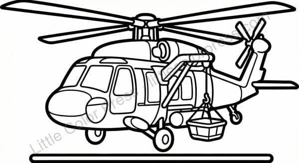 Search and rescue helicopter coloring page with rescue basket, inspired by Sikorsky MH-60 Jayhawk
