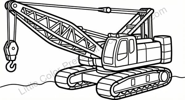 Crawler crane coloring page with long lattice boom and crawler tracks, inspired by Liebherr LR 1300