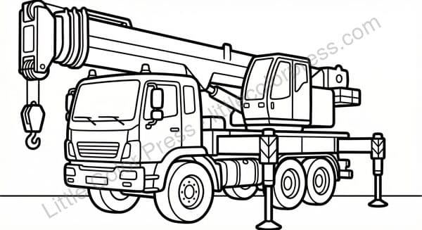 Mobile tower crane coloring page on truck chassis with outrigger stabilizers, inspired by Liebherr LTM