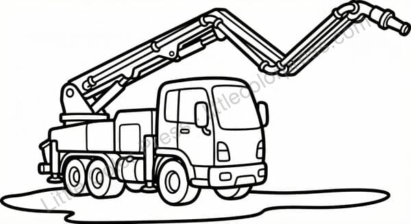 Concrete pump truck coloring page with long articulated boom arm, inspired by Putzmeister