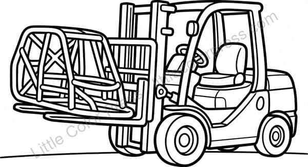 Warehouse forklift coloring page with raised forks and roll cage, inspired by Toyota 8-Series