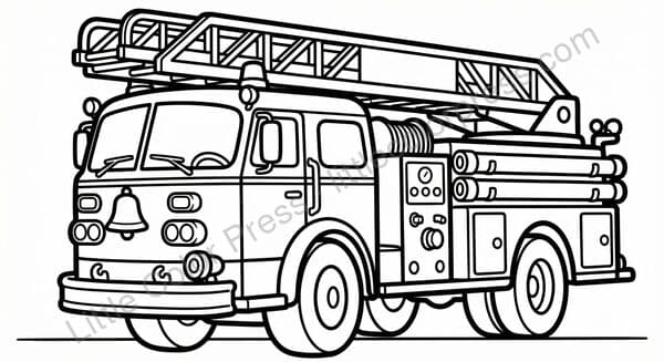 Classic fire engine coloring page with ladder and bell, inspired by American LaFrance Eagle