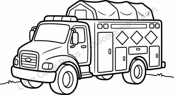 Hazmat response truck coloring page with chemical storage compartments and warning placards