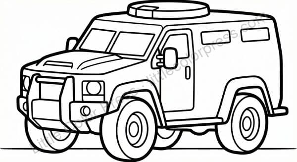 Armored SWAT tactical van coloring page with battering ram bumper, inspired by Lenco BearCat