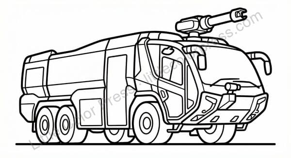 Massive airport crash tender fire truck coloring page with roof-mounted water cannon, inspired by Rosenbauer Panther
