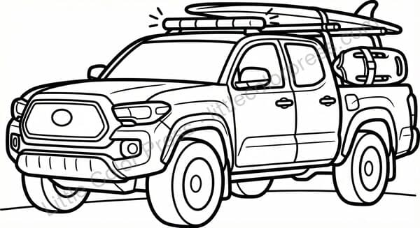 Beach lifeguard pickup truck coloring page with surfboard rack and rescue buoy