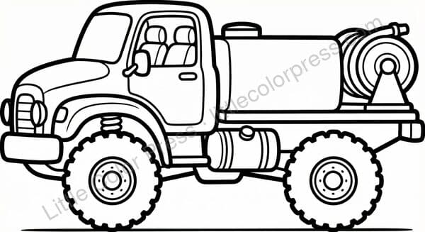 Wildland fire engine brush truck coloring page with water tank and hose reel