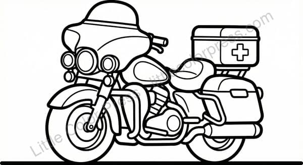 Paramedic motorcycle coloring page with emergency lights and first-aid box, inspired by BMW R1250RT
